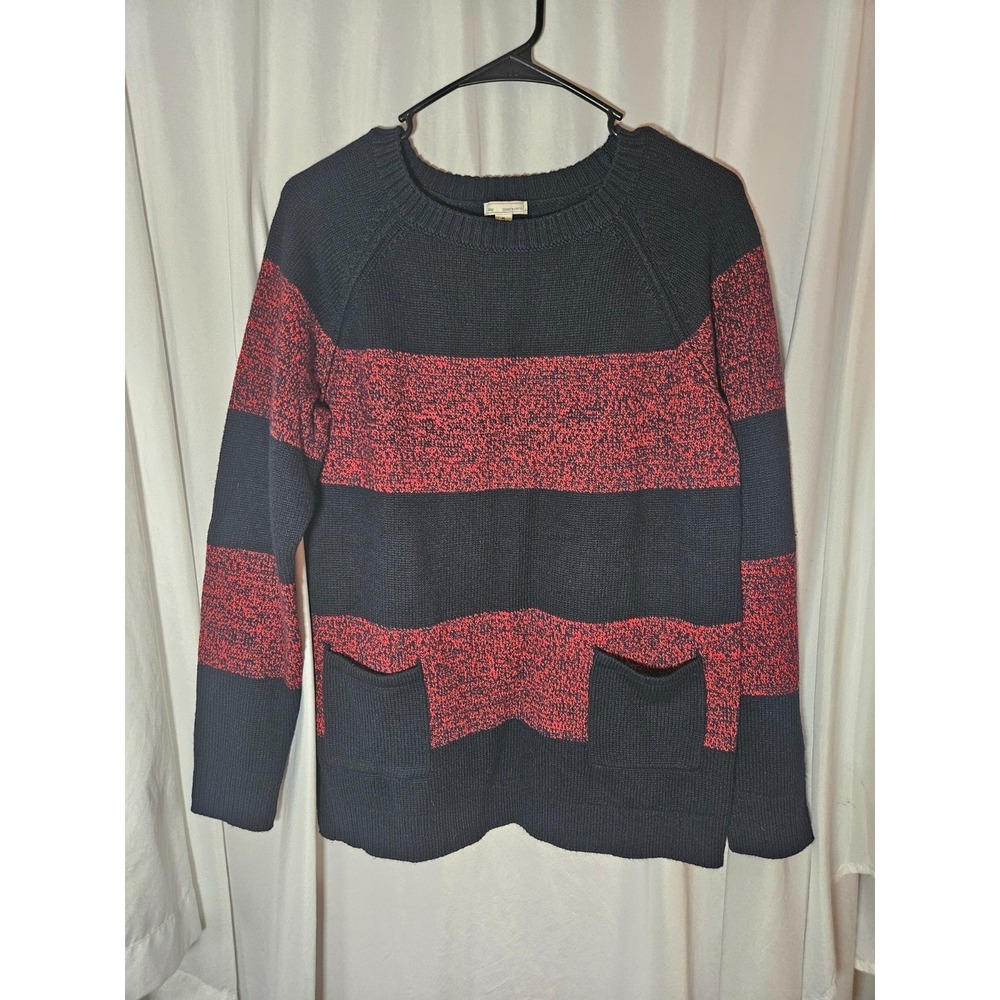 NWT Gap Womens Sweater Large Black Gray Striped Knit Cotton/Wool Blend Pullover